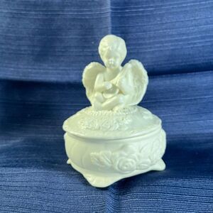 Vintage Porcelain Bisque Angel With Harp Trinket Box